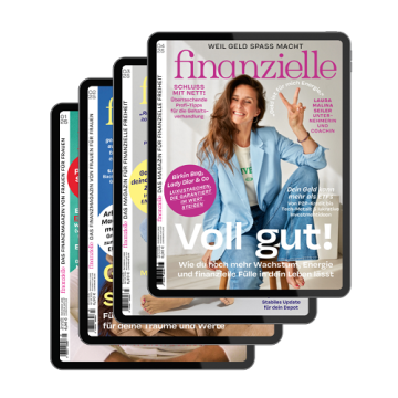 Aktuelle Ausgabe der Zeitschrifr "Finanzielle2, dahinter vergangene Ausgaben aufgefächer