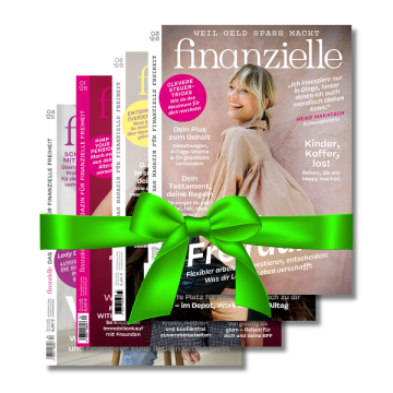 4 Titelbilder der Zeitschrift Finanzielle mit einer grünen Schleife als Geschenk verpackt