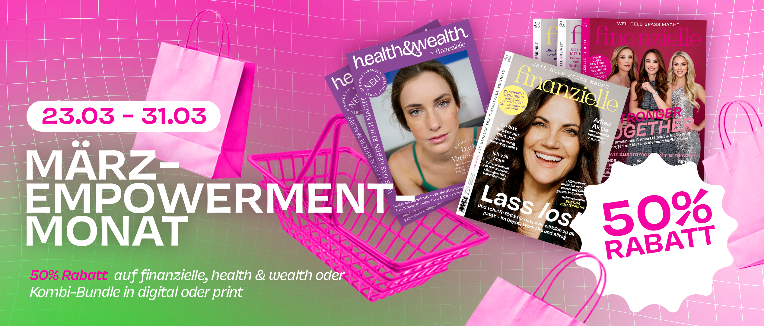 Finanzielle Ausgabenbilder auf pink und gr&uuml;nem Hintergrund mit einem Hinweis auf das M&auml;rzangebot