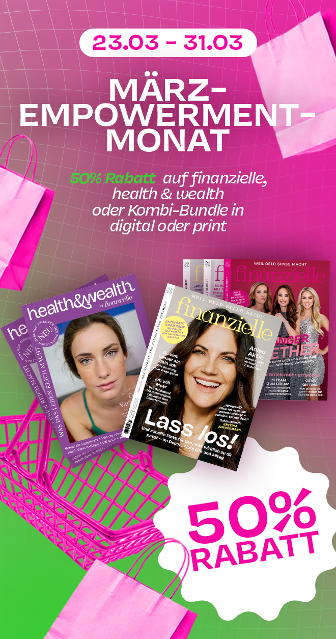 Finanzielle Ausgabenbilder auf pink und gr&uuml;nem Hintergrund mit einem Hinweis auf das M&auml;rzangebot